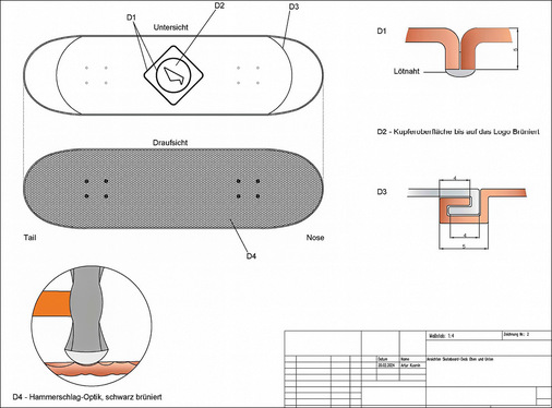 Die strukturierte Skateboard-Oberfläche entstand in mühsamer Handarbeit und per Kugelhammer