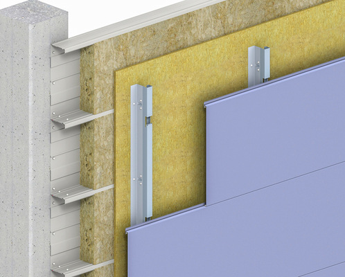 Hinterlüftete Domico-Planum-Fassade auf Kassetten-Innenschale mit ­Ausgleichswinkel und  vorgesetzter Dämmung bis zu Rw 54 dB