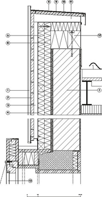 Fassadenaufbau:1. Titanzinkfassade 1,0 mm2. Brettschalung 27 mm3. Vertikal-Lattung, 40 mm,zur Hinterlüftung4. Winddichtung5. Dämmung und Horizontal-Lattung, 60 mm6. Dämmung und Vertikal-Lattung, 60 mm 7. Bestehendes Durisolmauerwerk 8. Titanzinkattika 0,8 mm9. Trennlage10. BFU-Platte, 27 mm11. Gefällekeil, 70/40/4012. Dachranderhöhung