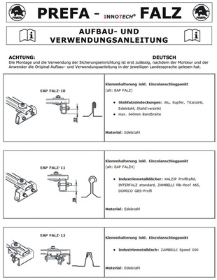 Ausschnitte aus der Aufbauanleitung des Prefa-Innotech-Falz Sicherheitsystems, dass nach EN 795 A und C für 3 Personen zertifiziert ist.