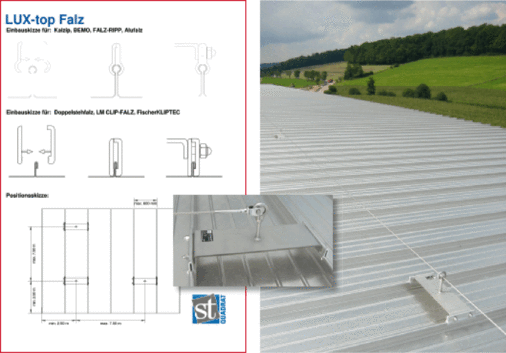 “LUX-top Falz“ ist ein System zur Klemmbefestigung auf Stehfalz- und Profiltafeldächern von ST Quadrat s.a. aus Luxemburg. Der komplette Anschlagpunkt wird mit einem Drehmoment von 50 Nm angezogen. Selbstsichernde Muttern verhindern ungewolltes Lösen.