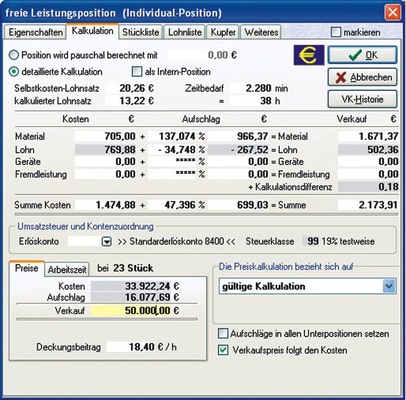 Bild 1.: Kalkulation eines Artikels. Alle weißen Felder ermöglichen Eingaben. Stück- und Lohnlisten sind möglich (Karteikarten). Die Endpreiskalkulation einer Artikelmenge ist unten links möglich. Wird der Verkaufspreis für 23 Stück auf Euro 50.000 gesetzt, so wird der Einzelverkaufspreis auf Euro 2.173,91 und die einzelnen Aufschläge entsprechend angepasst. Gleiches ist auch mit der Arbeitszeit und dem Deckungsbeitrag pro Stunde möglich.