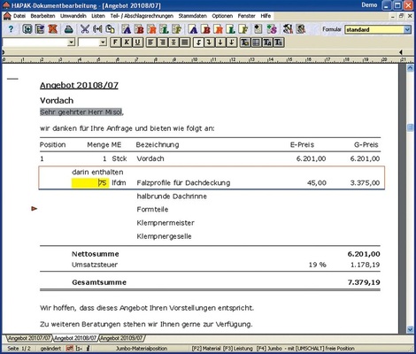 Bild 3.: Angebot mit einem Jumbo und ausgeblendeten Einzelpreisen und Mengen. Im ersten Artikel im Jumbo wird gerade die Menge geändert, deshalb sieht man auch den Preis.