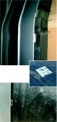 Sogenannte, auf der Betonoberfläche befestigte F-Anker (hier am OSB-Modell) halten die Foamglasplatten wärmebrückenfrei an der Wand. In die Dämmung eingedrückte Metallplatten wurden zur Befestigung der Falzonal-Stehfalzfassade auf deren Falzraster und Deckbreite abgestimmt
