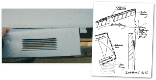 Detail Firstabschluss, Übergang der Fassade und die Entlüftungsschlitze