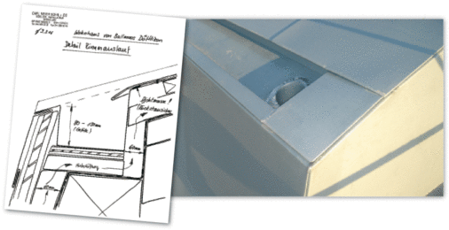Eingelegte Dachrinne, Dachanschluss und Sichtblende