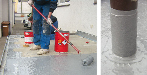 Aufbringen der Deckschicht aus Enkopur: Bei kleinen Details zweckmäßigerweise mit Pinsel und kleiner Rolle, bei der Flächenabdichtung mittels Lammfellrolle
