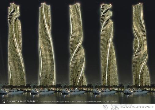 Die Dynamic Group des Architekten David Fisher plant in Dubai, Moskau und New York Dynamic-Tower-Hochhäuser mit individuell drehbaren Stockwerken. Einzelne Gebäudemodule sollen in einer Fabrik gefertigt werden. www.baumetall.de - © Bildrechte: Dr. David Fisher/Dynamic Architecture.
