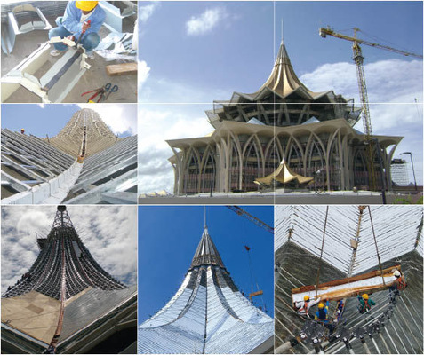 Über 120 m hoch wächst die 6375 m² messende Falzonalbedachung des Hauptturmes in den Himmel — erst im Winkel-, dann im Flachfalzsystem