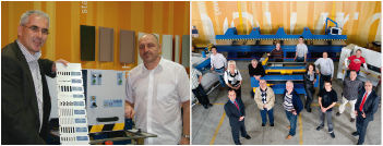 Li.: Geschäftsführer Daniel Spiegel und Verkaufsleiter Urs Fellmann präsentieren die neue Streifenstanze EcoCut des Herstellers Axeco, re. das Spiegel-Team im neuen Showroom4
