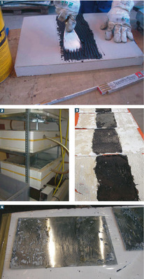 Versuch: Verhalten unter Feuchtigkeitseinfluss
Auftragen der Klebstoffe auf überputztem Untergrund
Lagerung über wasserbefüllten Behältern
Klebstoffreste nach der Auswertung
Enkolitverklebter Mittelstreifen ohne Korrosionsanzeichen
