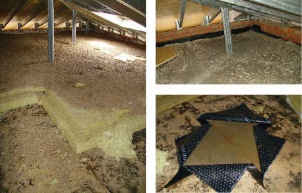 Links: Die auf der massiven Betondecke liegende Wärmedämmung ist mit einem Granulat überdeckt Rechts: Mangelhafte und fehlende Stoßverklebungen der Dampfsperre verursachen bereits Bauschäden