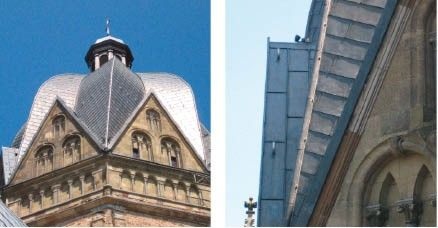 Die mit Kirchenblei eingedeckte Kuppel des Oktogons beeindruckt. Die Grate der Dachfläche wurden als Holzwulst ausgebildet und die Kehlen vertieft ausgeführt. Quer eingehängte Stoßverbindungen sorgen bei Wind und Wetter für Sicherheit. Um zu verhindern, dass die Scharen abrutschen, wurden durchgehende Haftstreifen eingesetzt