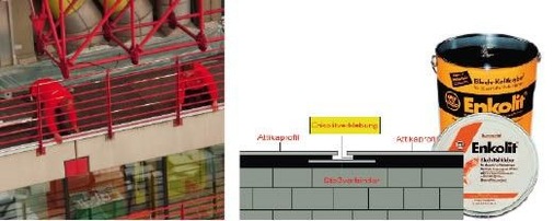 <p>Stockwerk um Stockwerk, Meter um Meter arbeiten sich die Klempner der Meinolf Dachtechnik GmbH vor. Die Aufgabe: Enkolit-Verklebung an Attikaabdeckungen auf 17 000 m Länge</p> - © Enke-Werk