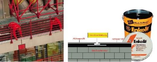 Stockwerk um Stockwerk, Meter um Meter arbeiten sich die Klempner der Meinolf Dachtechnik GmbH vor. Die Aufgabe: Enkolit-Verklebung an Attikaabdeckungen auf 17 000 m Länge
