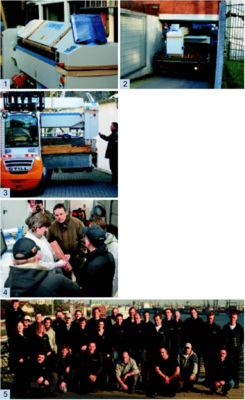 [1-2] Neue Klempnermaschinen stehen an der Gehwegkante und warten darauf, die enge Hofeinfahrt zu passieren[3] Klempnermeister Niels Kudenhold vom Traditionsunternehmen DHW-Schulz in Hamburg begrüßt „seine“ neue Schechtl-MAX 310 CNC[4] René Engelhardt, vom gleichnamigen Werkzeug- und Maschinenvertrieb in Münchingen bei Stuttgart, weist die Klempner von DHW-Schulz in die neue Schechtl-Maschinentechnik ein[5] Das DHW-Schulz-Team