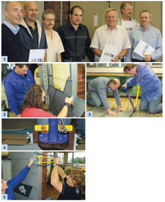 [1] So sehen zufriedene Ausbilder um Erhard Pongratz (2. v. re.) aus[2] Prefa-Techniker Jens Opitz legt Hand an [3+4] Rundschneiden eines Falzabschlusses mit einem speziellen Ausklinkwerkzeug[5] Einsatz eines Traufschließers. Der beigelegte Reststreifen verhindert unschöne Werkzeugspuren