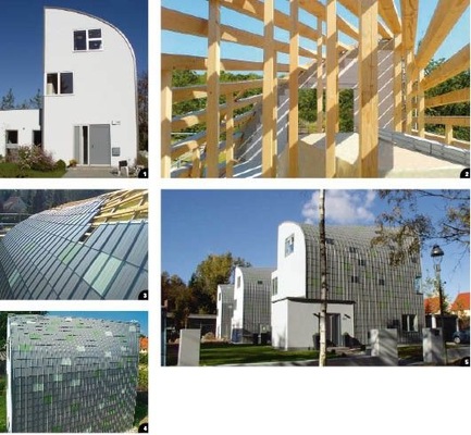 1 Sichelförmige Giebelblende
2 Aufgefächerte einfache Holzkonstruktion
3 In Reihe verlegte Dachplatten mit firstseitiger Einhangkante
4 Homogene Gesamtfläche mit dezenten Farbelementen
