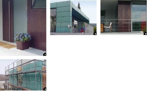 1 Edel wirkende dunkelbraune Kupferapplikationen und -accessoires2 Auch die Deckenbereiche sind mit Tecu Patina bekleidet3 Ob voll- oder teilbekleidet – metallische Gebäudehüllen werten ganze Wohngebiete auf4 Als Unterkonstruktion kommen OSB-Platten zum Einsatz