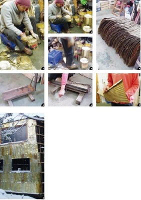 1 – 7 Vom Öffnen der Dosen über das Entspannen des Blechs mit vollem Körpereinsatz bis zum Einsatz der eigens entwickelten Schindelmaschine wird nichts dem Zufall überlassen. Übrigens: Weitere Blechbearbeitungsmaschinen zeigt der Sonderteil Werkzeuge und Maschinen ab Seite 38 in vorliegender Ausgabe
8 Mountain House mit Recycling-Tin-Cans. In Patagonien funktioniert Fassadentechnik etwas anders, dennoch überzeugt das Ergebnis den Betrachter
