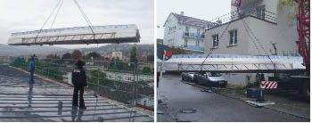 Durch die senkrechte Verpackung der Scharen stabilisieren sich diese sogar bei einer Länge von fast 14 m beinahe von selbst. In einem Dachträger wurden etwa 850 m² Stehfalzscharen doppelstöckig mit nur einem Kranhub auf die Dachfläche gesetzt. Das Transportgestell aus Gerüstmaterial und Gitterträgern kann vor Ort zerlegt und später notfalls auch ohne Kran nach unten transportiert werden. Der eingesetzte Gitterträger ist 8 m lang, besser wären jedoch kürzere Gitterträger, die nach Bedarf zusammengesteckt werden können
