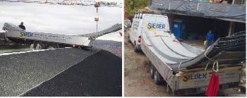 Der Transport von gerundeten Scharen ist oft problematisch. Auch in diesem Fall wurden die Scharen in der Werkstatt auf den Anhänger geladen und entsprechend unterlegt. Ein Abladen ­ vor Ort war nicht notwendig, da wir den kompletten Anhänger mit dem Kran auf die Dachfläche gesetzt haben
