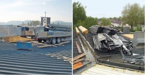 Der Anhänger wurde komplett in der Werkstatt beladen und mit einem Autokran auf die Dachfläche gesetzt. Die Beladung das Anhängers mit dem demontierten Material erfolgte auf der ­Dachfläche. Anschließend wurde er mit dem Autokran wieder nach unten befördert
