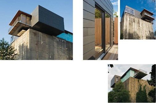 1 Penthouse auf Bunker – eine gelungene Verbindung zwischen historischem Bestand und zeitgenössischer Architektur
2 Für die Fassade entwickelte der Architekt eine eigene Zink- Paneelen-Konstruktion in der Oberflächenqualität Anthra-Zinc
3 Die Hybridkonstruktion aus Stahl und Holz wurde schwebend über dem Bunker aufgesetzt
4 Der niedrigere der beiden Gebäuderiegel durchdringt den größeren und bildet mit ihm zusammen einen L-förmigen Grundriss
