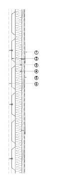 1 0,7 mm Aluminiumschindel<br />2 Galvanisiertes Trapezprofil<br />3 50 mm Rockwool-Dämmung<br />4 18 mm Plywood-Schalung<br />5 1,5 mm Trennlage<br />6 Stahlträger C150x64x1,5