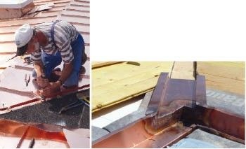 Um unkontrollierten Wassereintritt an flach ­geneigten Kehlbereichen zu verhindern, wurden die Kehlrinnen vertieft und die ­Anschlüsse der Stehfalzscharen stehend ausgebildet
