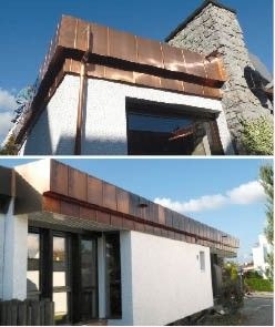 Die Stehfalzkassetten wurden am Stoß jeweils 1 cm um 180° umgelegt und mit ­einem leicht gewölbten Kup­ferschieber (Zuschnitt 5 cm) ­verbunden
