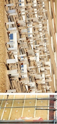 1 Blick auf eine hinterlüftete Fassade in

der Bauphase mit extrem hoher Anzahl

von Konsolen2 Klassische Holzrahmenunterkonstruktion

zur Befestigung der späteren Bekleidung