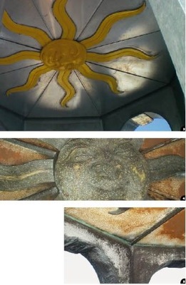 3 + 4 Vorher – Nachher:

Die neue Deckenbekleidung

erhielt zur Belüftung

des Turmdaches einen 4 cm

breiten Belüftungsspalt5 Alterungsbedingte Zerstörungsspuren:

Jahrelang

trennte ein Kupferstreifen

die Stahlblechdecke von der

Titanzinkbekleidung