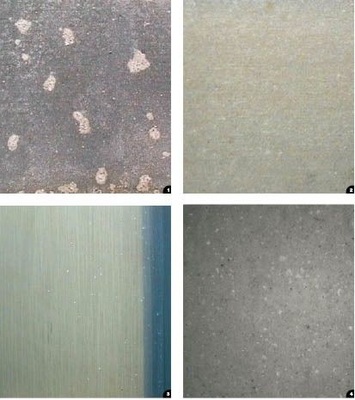 Vier Erscheinungsbilder

der Oberflächen

nach mehrmonatigen

Korrosionsversuchen:<br /><br />1 HCT-Salzsprühtest<br />2 Zyklus mit Kondenswasser<br />3 Oberfläche nach 16-

monatiger Freibewitterung

im Stahlwerk IJmuiden<br />4 Bewitterungsprobe

nach 84 Monaten mit

Einlagerungen typischer

industrieatmosphärischer

Verschmutzung