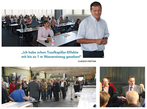 3 Claudio Cristina beeindruckt

seine Zuhörer mit spannenden

Fakten4 Martin Schoop lässt es sich

nicht nehmen, seinen Gästen die

Stanz- und Nippel-Abteilung seines

Fachbetriebes zu zeigen5 Stephan Muntwyler, Bereichsleiter

Soba AG, präsentiert die

beeindruckende Rheinzink-Winkelfalzfassade

des Fachbetriebes

Schoop