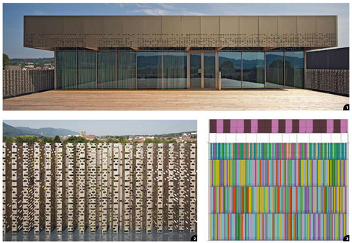 1 + 2 Im Bereich der Terrasse übernehmen knapp 9 m hohe Paneele die Aufgabe des Geländers3 Codierter Montage-Plan zur Platzierung verschiedener Fassadenpaneele