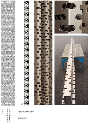 4 Beispiel für ein ausgebreitetes und danach gepresstes raumhohes Paneel<br />5 + 6 Nahaufnahmen verdeutlichen die Stärke des Materials sowie die Präzision mit der die Bits ausgestanzt und die Profile gebogen wurden<br />7 Hutprofil-Paneel nach dem Biegen