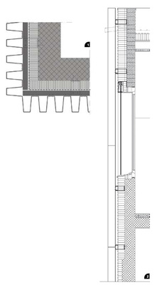 1 Gebäudeecke: Der Wandaufbau besteht

aus Beton, Wärmedämmung, Wetterschutzfolie

und der 60 mm tiefen

Hinterlüftungsebene. Die schwarz beschichtete

Tragkonstruktion sowie die

Wetterschutzfolie bilden einen neutralen

Hintergrund<br />2 Wandquerschnitt mit Dachabschluss

und Fenster