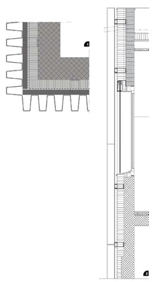 1 Gebäudeecke: Der Wandaufbau besteht

aus Beton, Wärmedämmung, Wetterschutzfolie

und der 60 mm tiefen

Hinterlüftungsebene. Die schwarz beschichtete

Tragkonstruktion sowie die

Wetterschutzfolie bilden einen neutralen

Hintergrund2 Wandquerschnitt mit Dachabschluss

und Fenster