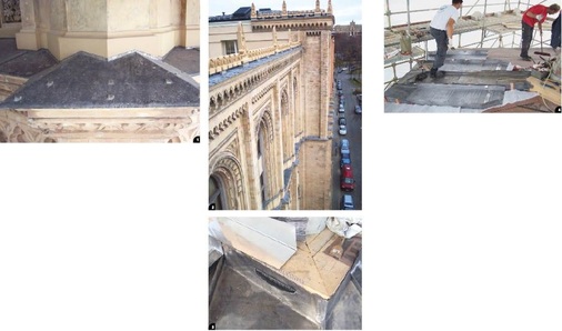 1 Ecken und Kanten an den Gesimsen 2 Walzbleiattika als Fassadenabdeckung 3 Labyrinth-Entlüftung am Turm 4 Aufwändige Klempnerarbeiten bei der Eindeckung der Turmdachfläche