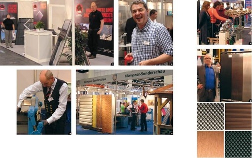 1 Bei Prefa konnten die Besucher alles über die haptischen Lackoberflächen mit der Bezeichnung P.10 erfahren 2 Am Stand von Ulisch Werkzeuge präsentierte Ralf Lauxmann M.A.S.C.Neuheiten aus Senden 3 Andreas Witt fertigt an einer Schechtl-Segmentabkantmaschine ein Fassadenbauteil 4 Die Klempner-Sonderschau informierte über Techniken und Systeme rund um metallische Gebäudehüllen 5 Susanne Bröhl (re.) präsentierte edles Stahldesign 6 Als Neuheit stellten Gert Bröhl (Geschäftsführer der Kölner Brandt Edelstahldach GmbH) sowie Udo Schuster (Geschäftsführer von Rimex-Deutschland - Bild) „Edelstahl in Farbe“ vor. Mit außergewöhnlich glänzenden, matten, geschliffenen, gebürsteten oder geprägten Oberflächen bewiesen die Edelstahlprofis, dass Gestaltungsvielfalt keine Grenzen kennt