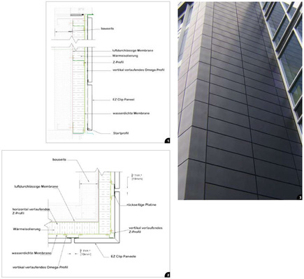 1 Die Kassettenfassade aus „Nedzink Noir“ wird...2 ... an den Außenecken von Eckelementen begrenzt 3 Das Ergebnis überzeugt mit soliden Details
