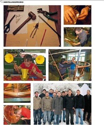 1 Vorentwurf zum Bau eines Papiermodells 2 Papiersegmente werden mit Leichtigkeit gefaltet.. 3 ... während die Kupferbauteile mühsam gefalzt werden 4 Das fertige Modell 5 Beim Bau des Kupferrohr-Rahmens geht es rund 6 Die perfekt vorbereitete Naht... 7 ... wird mit Fadenzinn verlötet 8 Das erfolgreiche Team der Meisterschüler v.li.: T. Bechthold, A. Günther, H. Kovacs, T. Hoch, C. Henn, D. Ridella, S.Ebi, J. Kübler, Ch.Smejkal, R. Stiegele, D. Bigus, A. Bühn und RMS-Ausbilder Gert Brenner