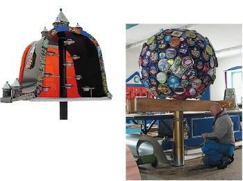 Taddäus Geiger, Ohlstadt: Dosenbaum als Vogeltraum (re.) und Futterstelle „VF 21plus“ (oben), gefertigt aus dänischen Butterkeks-Dosen