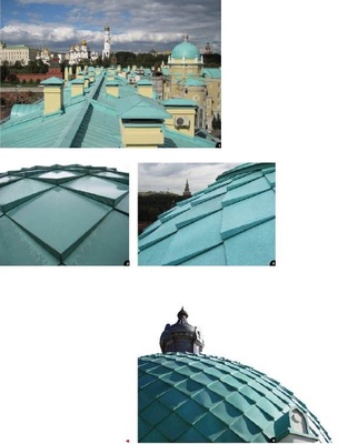 1 Tecu-Patina-Schindeln zieren eine Kuppel inmitten der schönsten Kupferdachlandschaft von Moskau2 Die handgefertigten Volumenschindeln werden ausnahmslos individuell geformt...3 ... und passen sich optimal an die Radien und Wölbungen der Kuppel an4 Das große vorpatinierte „Rosneft-Kupferdach“ samt Kuppel wurde mit Unterstützung der KME ausgeführt