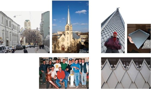 1 1957 wurde die Kathedrale St. Peter und Paul in ein Filmstudio umgewandelt und die Turmspitze entfernt2 Nach erfolgreicher Rekonstruktion erstrahlt der Turm heute in neuem Glanz3 Nikolai Savchenko (vorne li.) und das Team des Südtiroler Fachbetriebes von Walther Schmidt (vorne re.) 4 Ruslan Savchenko ist stolz auf „seinen“ Kirchturm5 Die Rheinzink-Schindeln verfügen über wulstähnliche, gerundete Kanten... 6 ... und prägen das markante Erscheinungsbild des Turmes maßgeblich