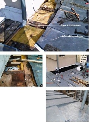 1 Ausbau von Kehlprofil und Schalung2 Einsetzen der neuen Schalung zwischen den Sparren 3 Trennlage anbringen4 Funktionsfähige leicht vertiefte Kehlrinne