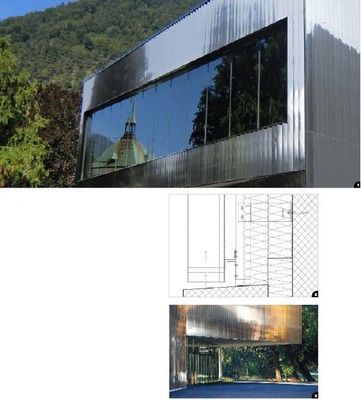 1 Spiegelungen an Glas- und Fassadenflächen...<br />2 ... irritieren und beeindrucken den Betrachter. Die hochglänzende Fassade besteht aus unzähligen und einzeln gekanteten, 1 mm starken Edelstahlpaneelen. Das polierte Material wurde auf einer Fläche von 2200 m² verarbeitet