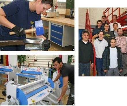 1 Treffsicher bearbeitet Stefanie Treffler eine Quetschfalte2 Blick in die gut ausgestattete Ulmer Klempnerwerkstatt

3 Oben: Manuel Wicker, Jürgen Breit Mitte: Ulrich Konrad, Daniel Wagner, Siegfried Holneider Unten: Bernd Kramer, Stefanie Treffler, Juan Poyatos, Robert Rundel