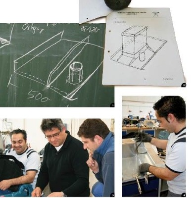 1 + 2 So könnte die ­Situationsaufgabe an der Prüfung aussehen 3 Juan Poyatos, ­Ausbilder Bernd Kramer und Manuel Wicker diskutieren mögliche Details4 Juan Poyatos setzt die Tipps seines Ausbilders direkt in die Tat um